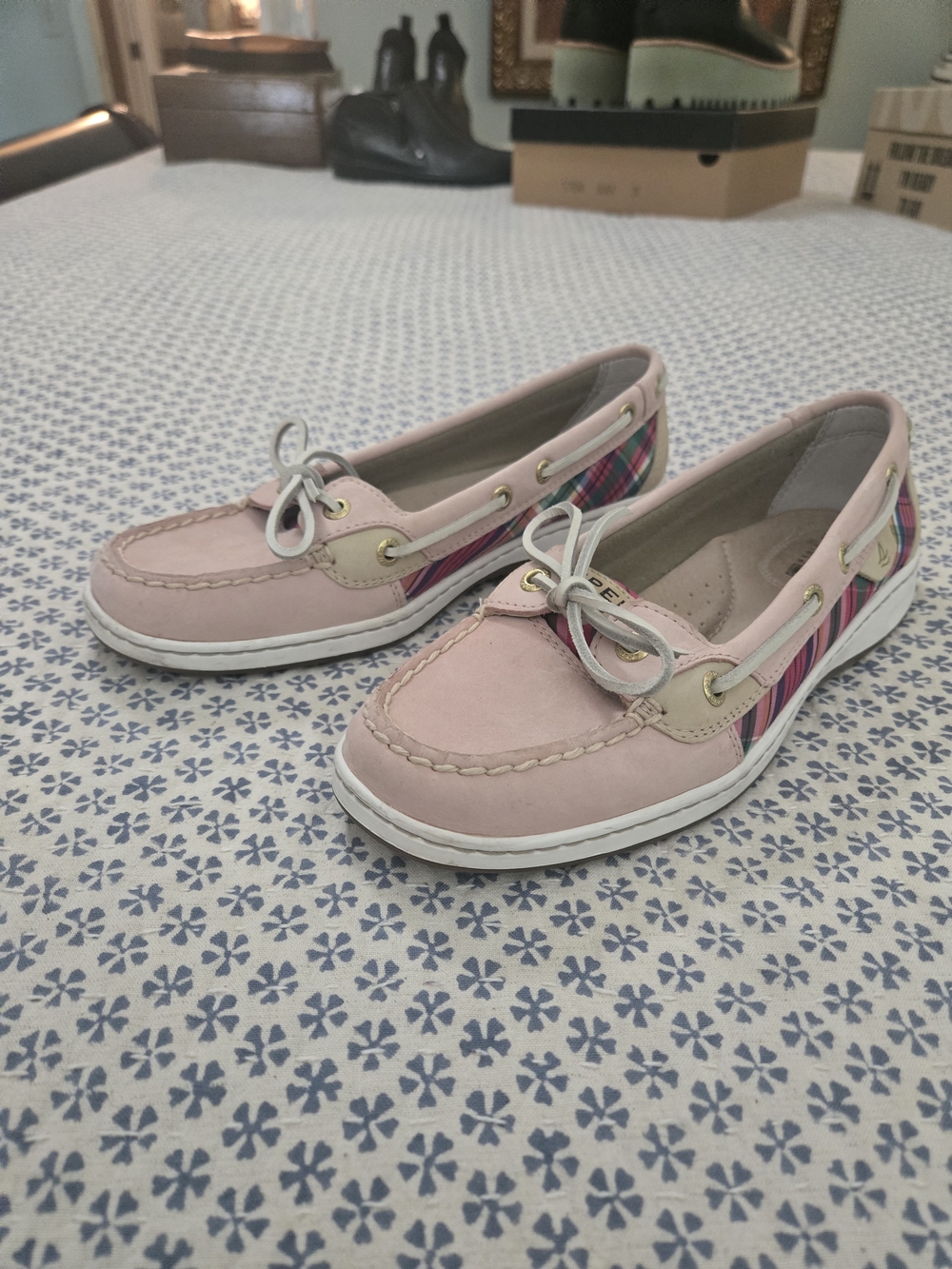 Sperry Pastel Pink Moccasin Boat Shoes with Striped Side Panel